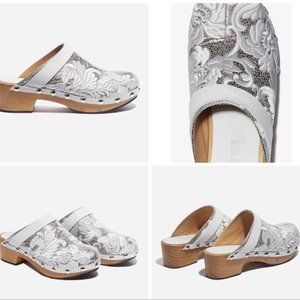 Johnny Was Dormi Leather Embroidered Silver Metallic Studded Clogs Block Heel